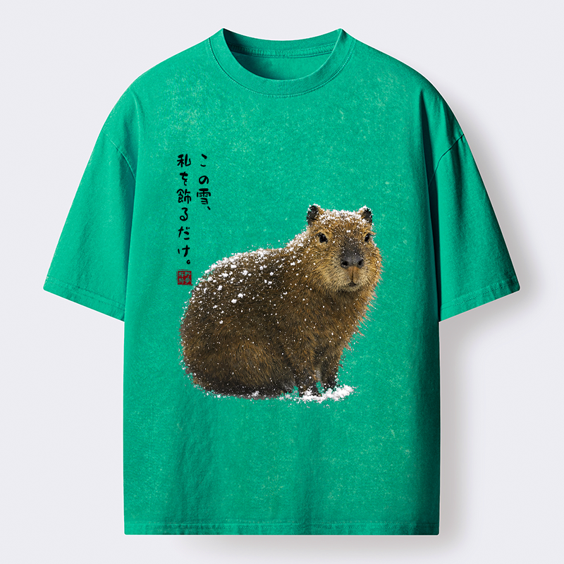 Kyoto-Lion Snow Adorns Me: Capybara Serenity Washed T-Shirt