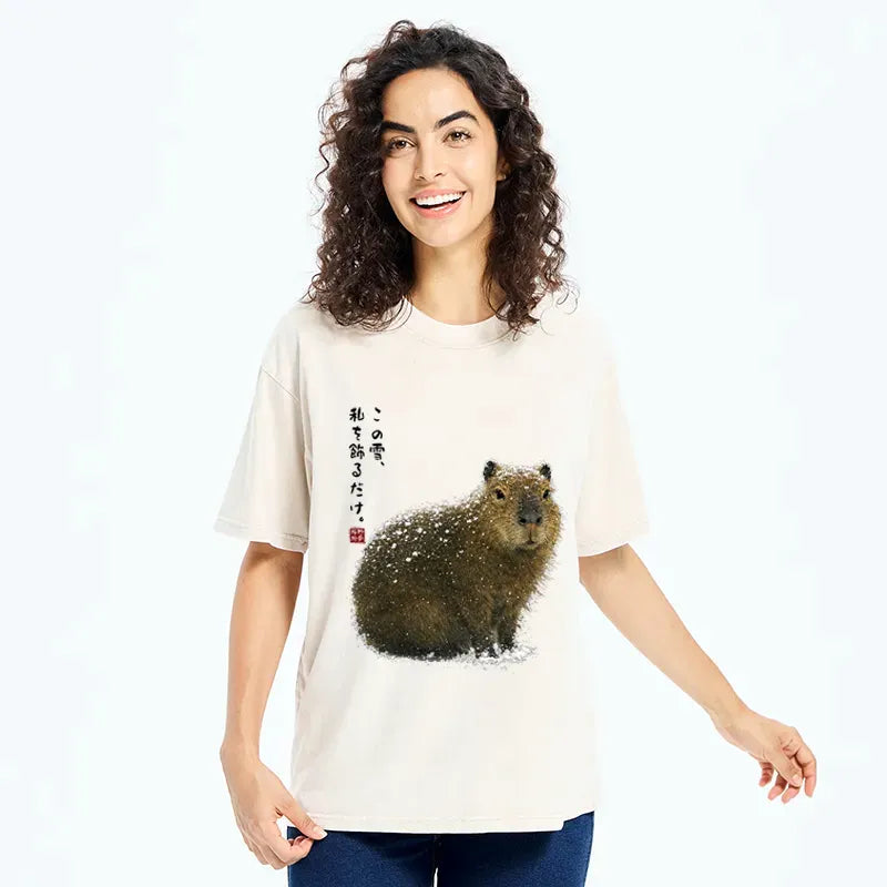 Kyoto-Lion Snow Adorns Me: Capybara Serenity Washed T-Shirt