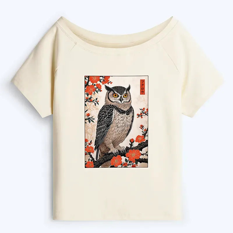 Kyoto-Lion Vintage Japanese Owl Off Shoulder T-Shirt