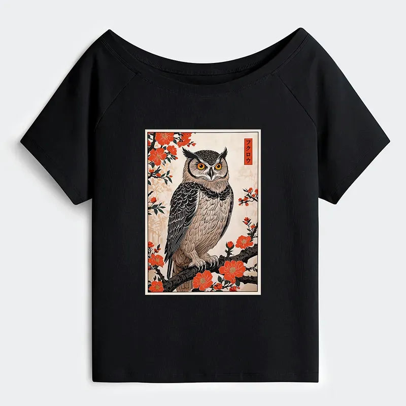 Trendy Japanese Owl Tee for Summer Gift