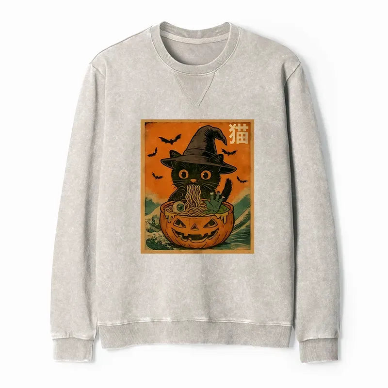 Kyoto-Lion Halloween Cat Eating Ramen Washed Terry Sweatshirt