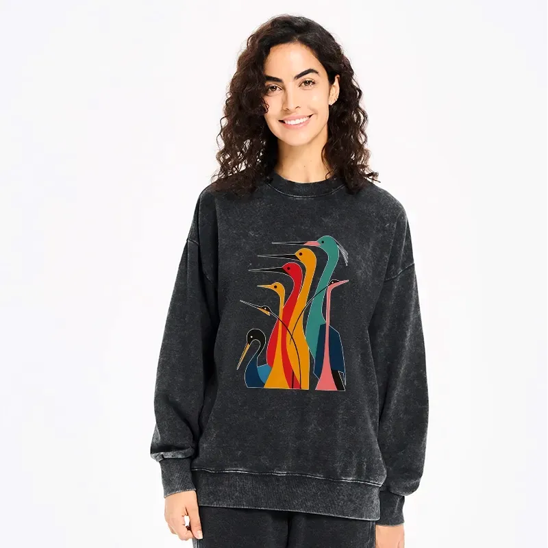 Kyoto-Lion Various Types Of Cranes Washed Sweatshirt