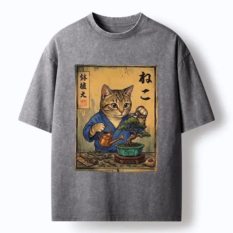 Kyoto-Lion Cat Mastering Bonsai Art Washed T-Shirt