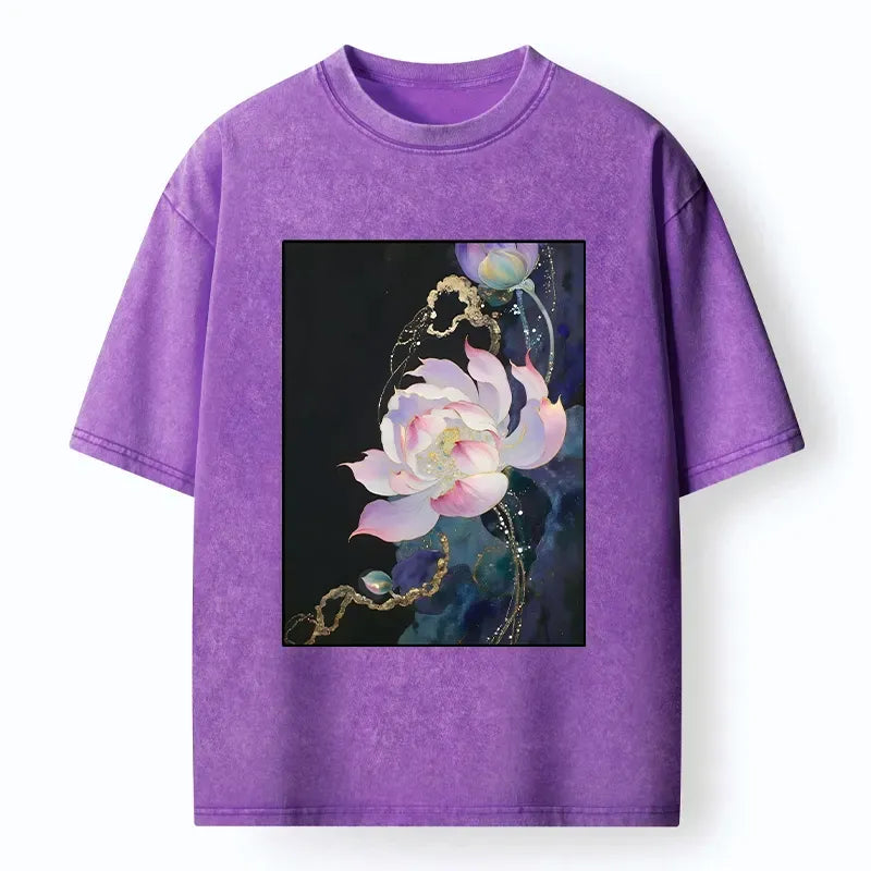 Kyoto-Lion Elegant Lotus Art With Gold Foil Washed T-Shirt