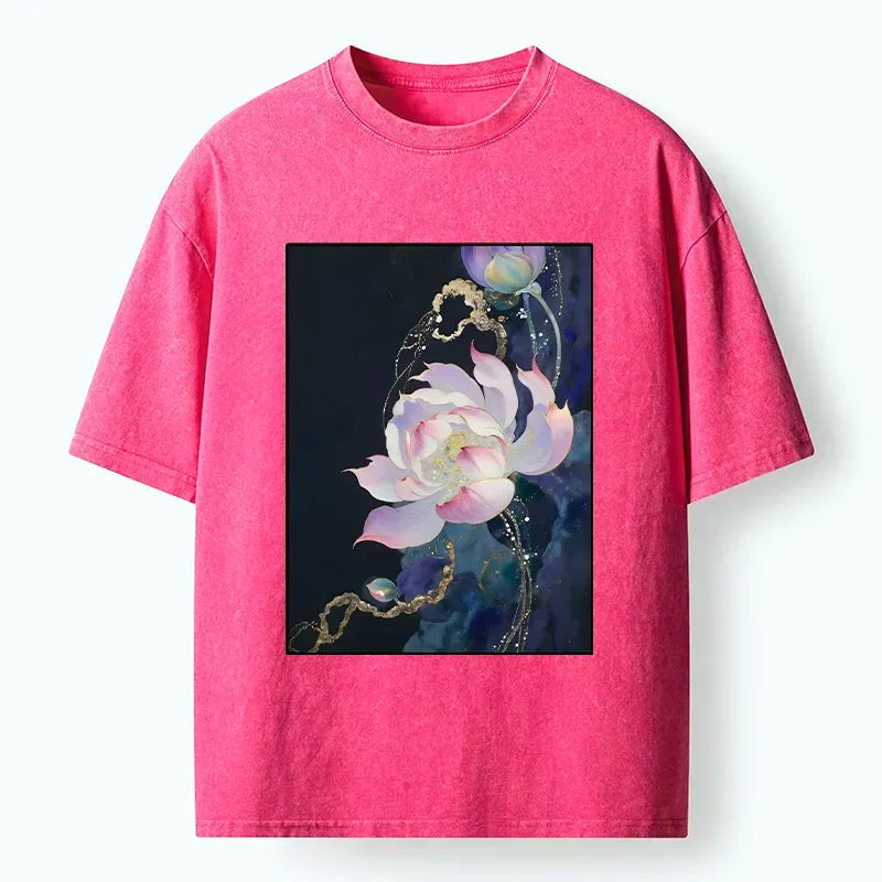 Kyoto-Lion Elegant Lotus Art With Gold Foil Washed T-Shirt