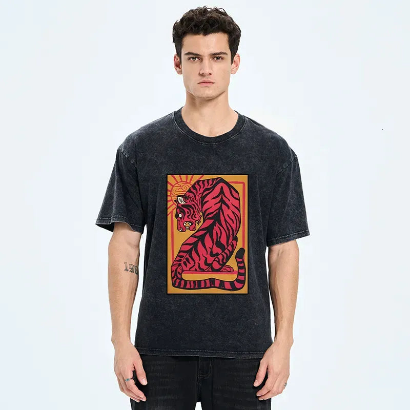 Kyoto-Lion Powerful Tiger Woodcut Print Washed T-Shirt