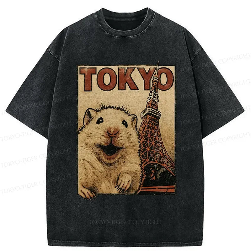 Kyoto-Lion Happy Hamster Under Tokyo Tower Washed T-Shirt