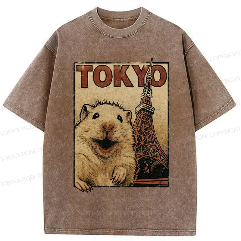 Happy Hamster Under Tokyo Tower Washed T-Shirt