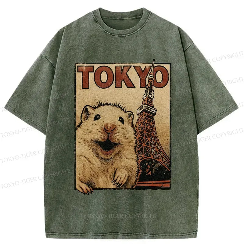 Kyoto-Lion Happy Hamster Under Tokyo Tower Washed T-Shirt