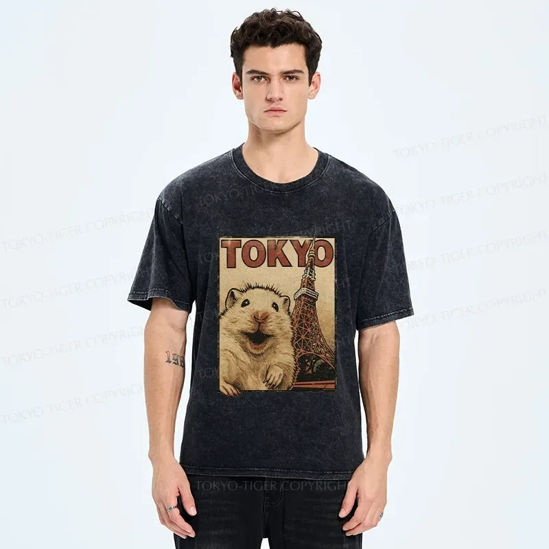 Happy Hamster Under Tokyo Tower Washed T-Shirt