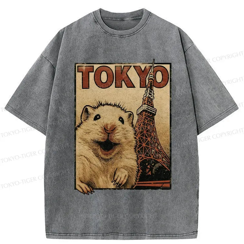 Kyoto-Lion Happy Hamster Under Tokyo Tower Washed T-Shirt
