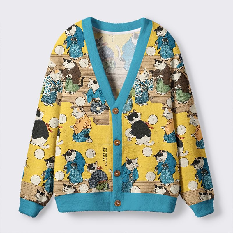 Kyoto-Lion Cats In Kimonos: A Tale Of Grace And Mischief Ugly Cardigan Sweater
