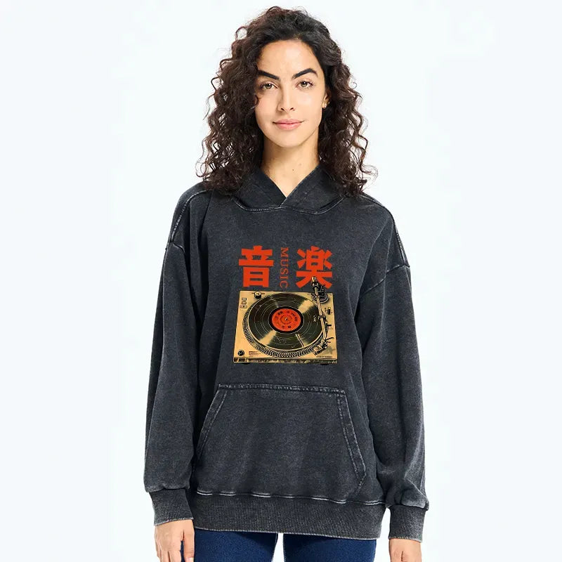 Kyoto-Lion Retro Music Record Player Washed Hoodie