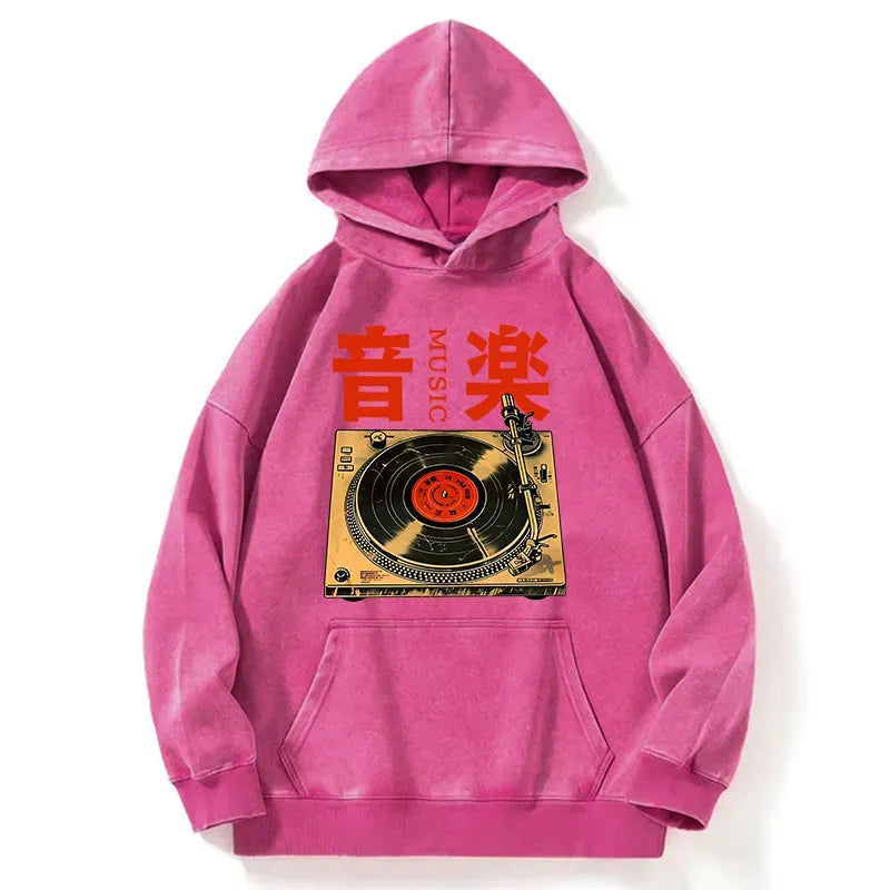 Kyoto-Lion Retro Music Record Player Washed Hoodie