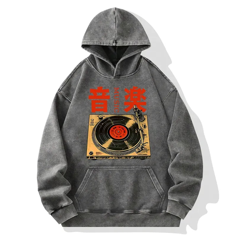 Kyoto-Lion Retro Music Record Player Washed Hoodie