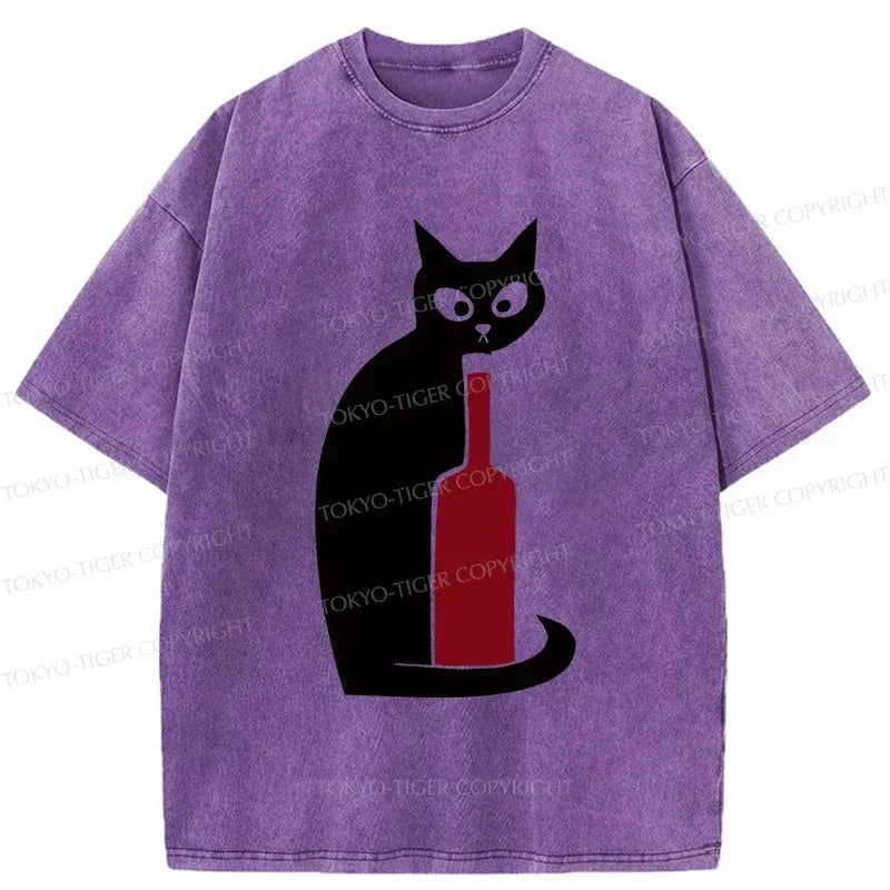 Kyoto-Lion Black Cat And Wine Washed T-Shirt
