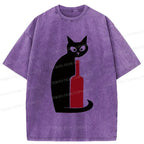 Kyoto-Lion Black Cat And Wine Washed T-Shirt