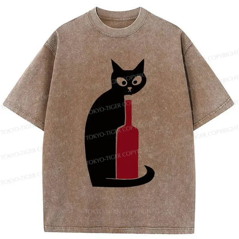 Kyoto-Lion Black Cat And Wine Washed T-Shirt
