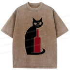 Kyoto-Lion Black Cat And Wine Washed T-Shirt