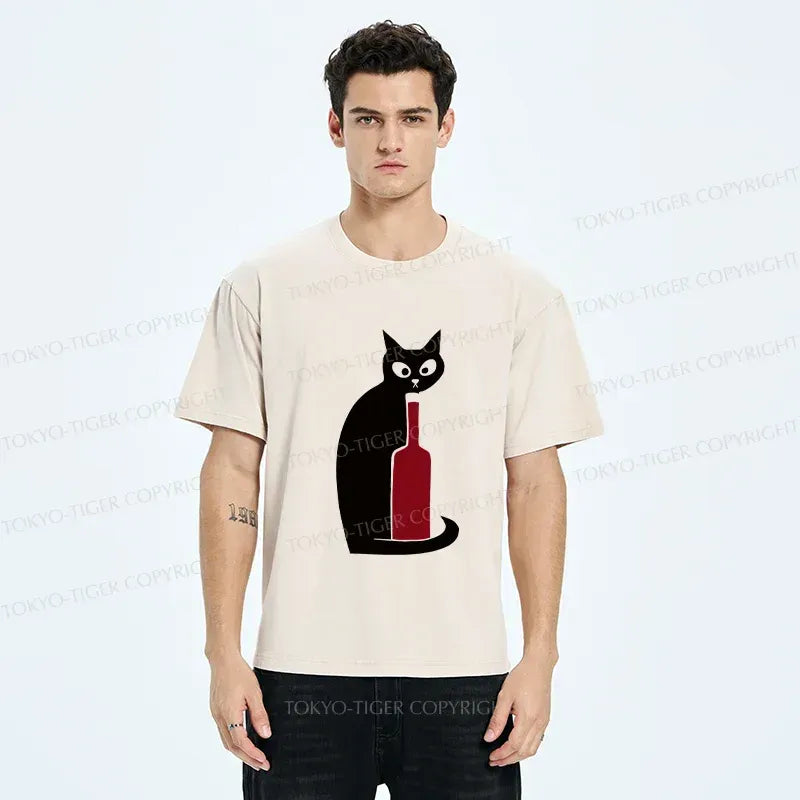 Kyoto-Lion Black Cat And Wine Washed T-Shirt