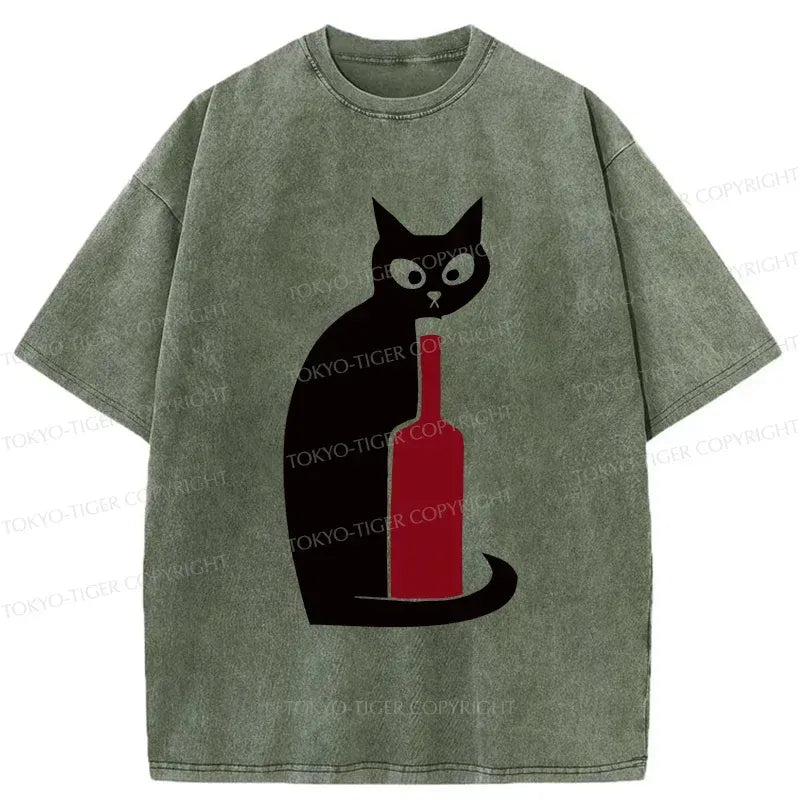 Kyoto-Lion Black Cat And Wine Washed T-Shirt