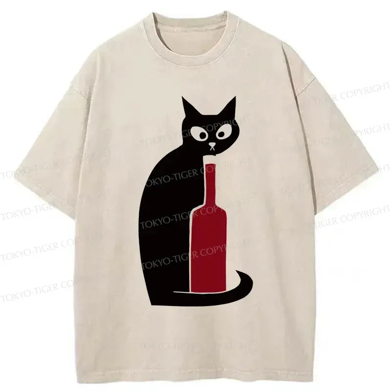 Kyoto-Lion Black Cat And Wine Washed T-Shirt
