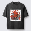 Kyoto-Lion Bold Red Ocean Octopus Graphic Washed T-Shirt