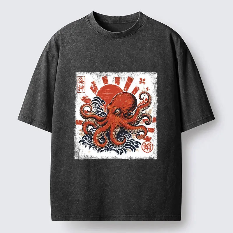 Kyoto-Lion Bold Red Ocean Octopus Graphic Washed T-Shirt
