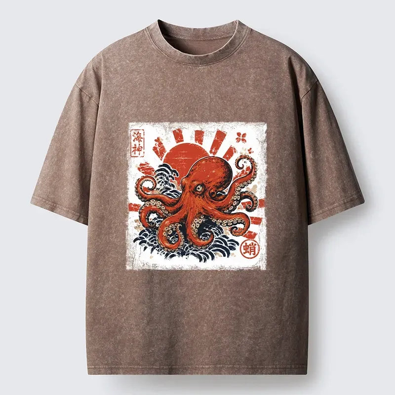 Washed Red Octopus T-Shirt for Summer