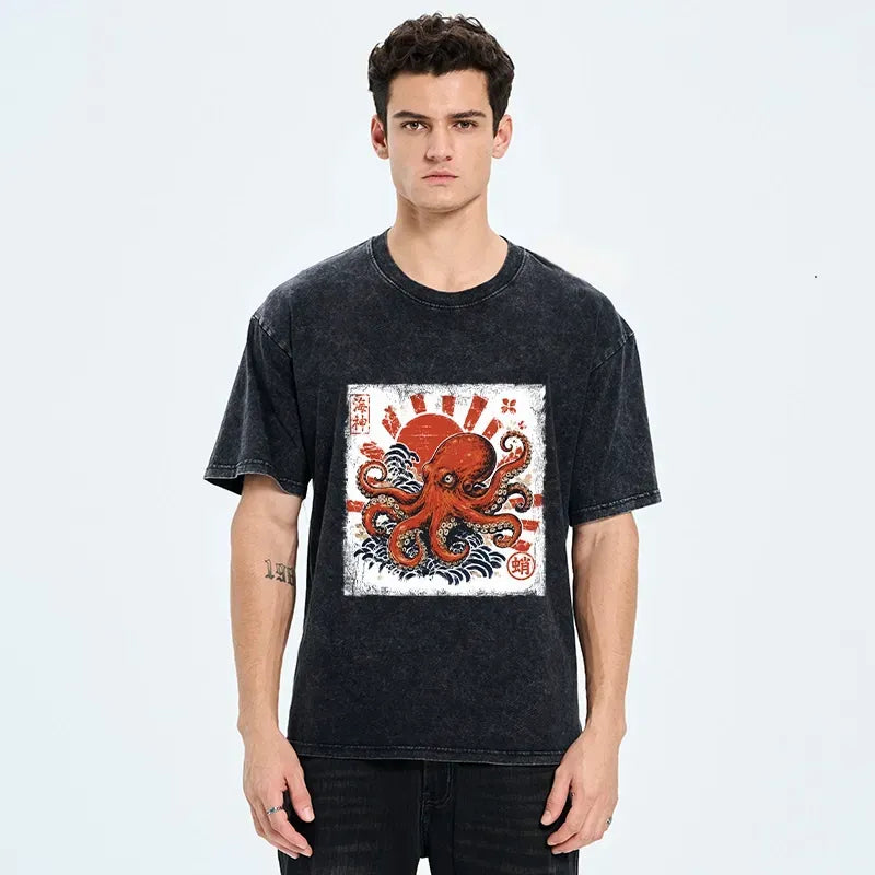 Kyoto-Lion Bold Red Ocean Octopus Graphic Washed T-Shirt