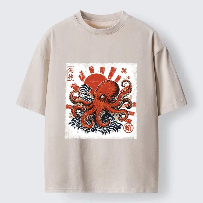 Washed Red Octopus T-Shirt for Summer