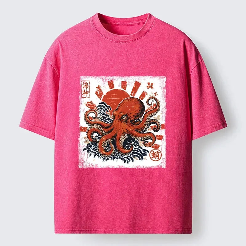 Kyoto-Lion Bold Red Ocean Octopus Graphic Washed T-Shirt