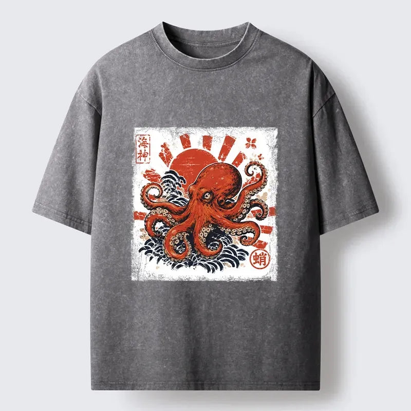 Kyoto-Lion Bold Red Ocean Octopus Graphic Washed T-Shirt
