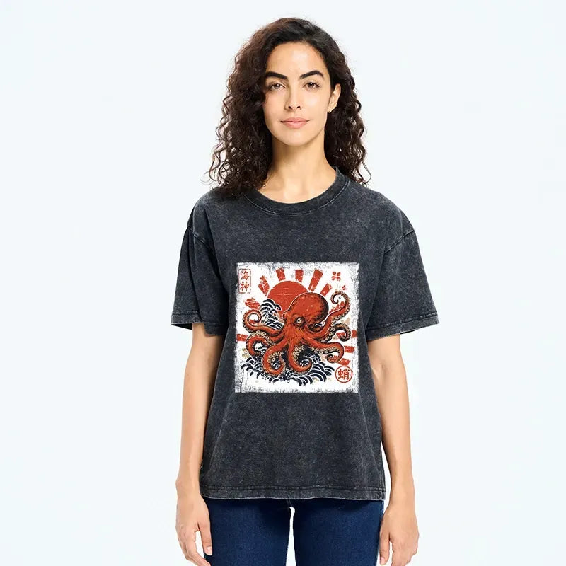 Washed Red Octopus T-Shirt for Summer