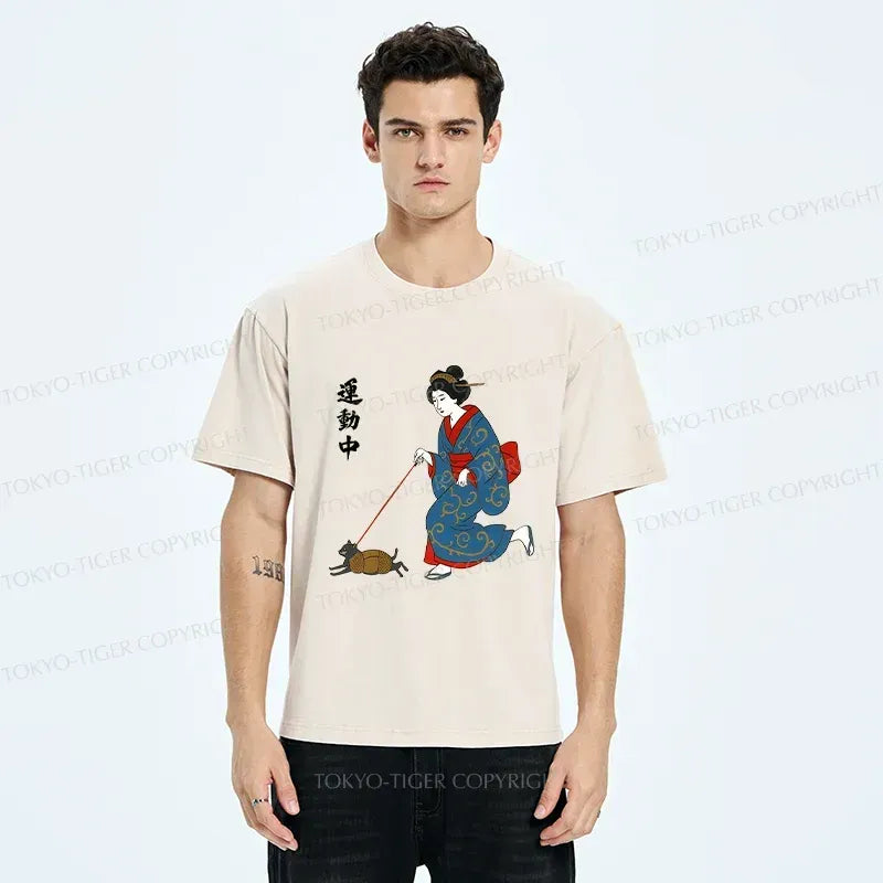 Kyoto-Lion Geisha Walking Cat Washed T-Shirt