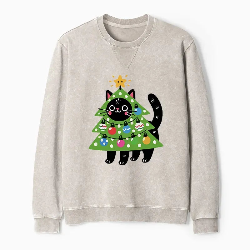 Kyoto-Lion Christmas Tree Cat Washed Terry Sweatshirt