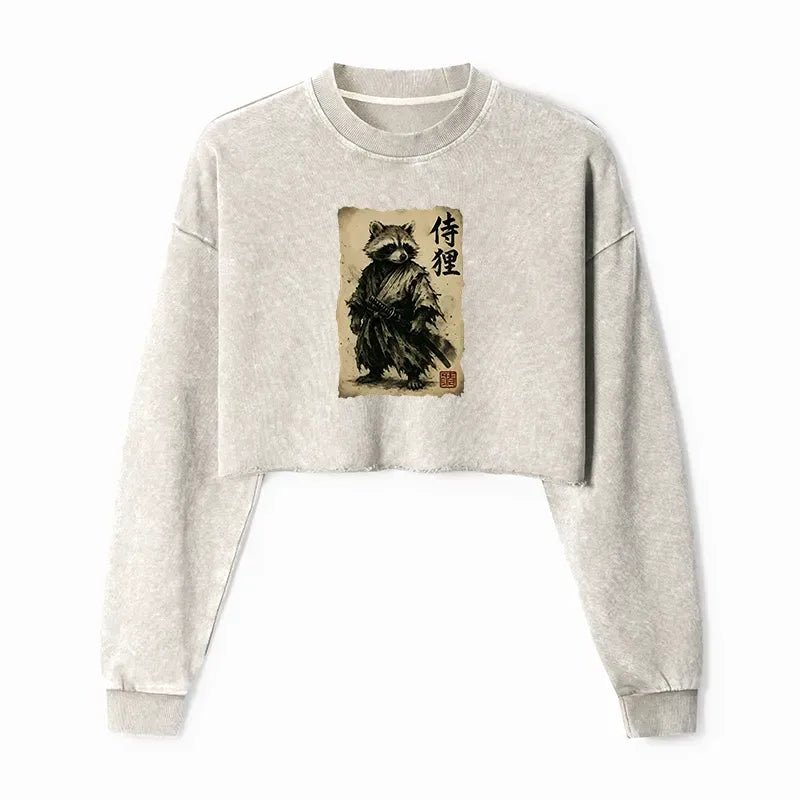 Kyoto-Lion Retro Raccoon Samurai Washed Crop Sweatshirt