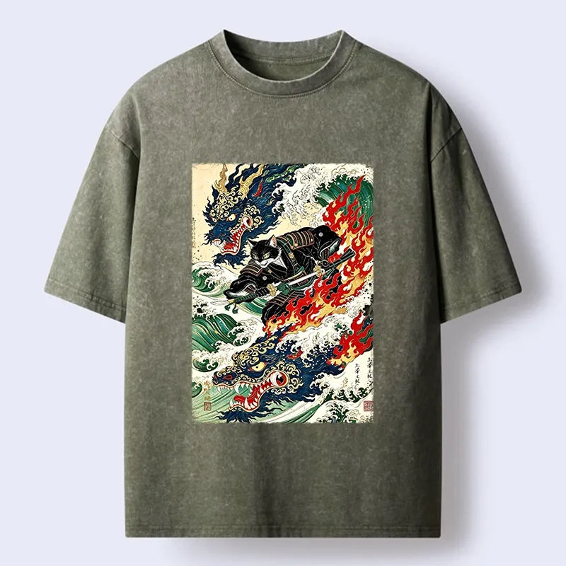 Kyoto-Lion Samurai Cat Beast Washed T-Shirt