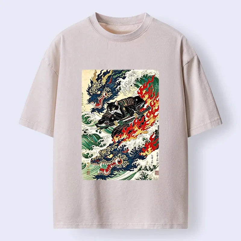 Kyoto-Lion Samurai Cat Beast Washed T-Shirt