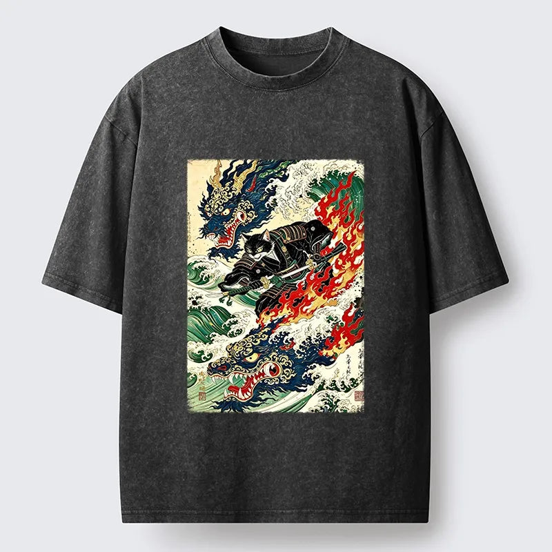 Kyoto-Lion Samurai Cat Beast Washed T-Shirt
