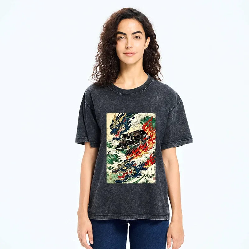 Kyoto-Lion Samurai Cat Beast Washed T-Shirt