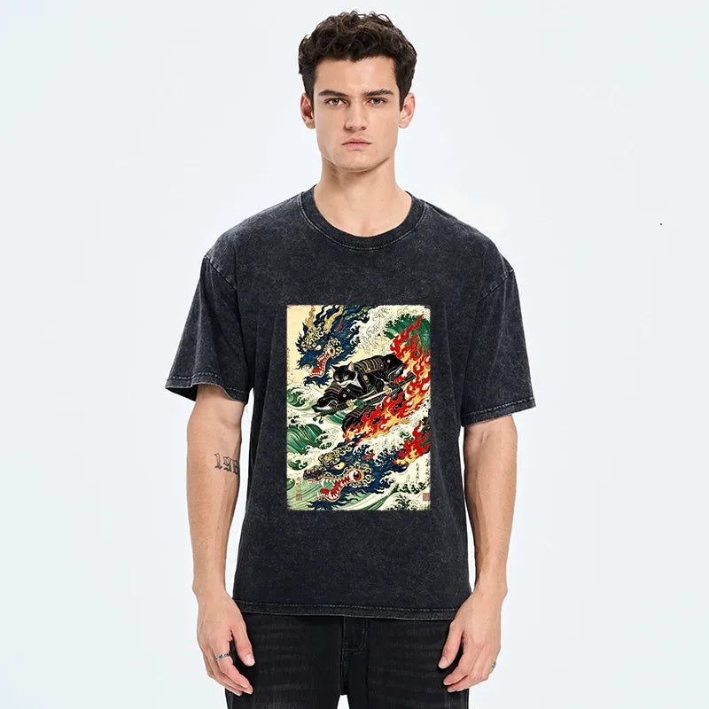 Kyoto-Lion Samurai Cat Beast Washed T-Shirt
