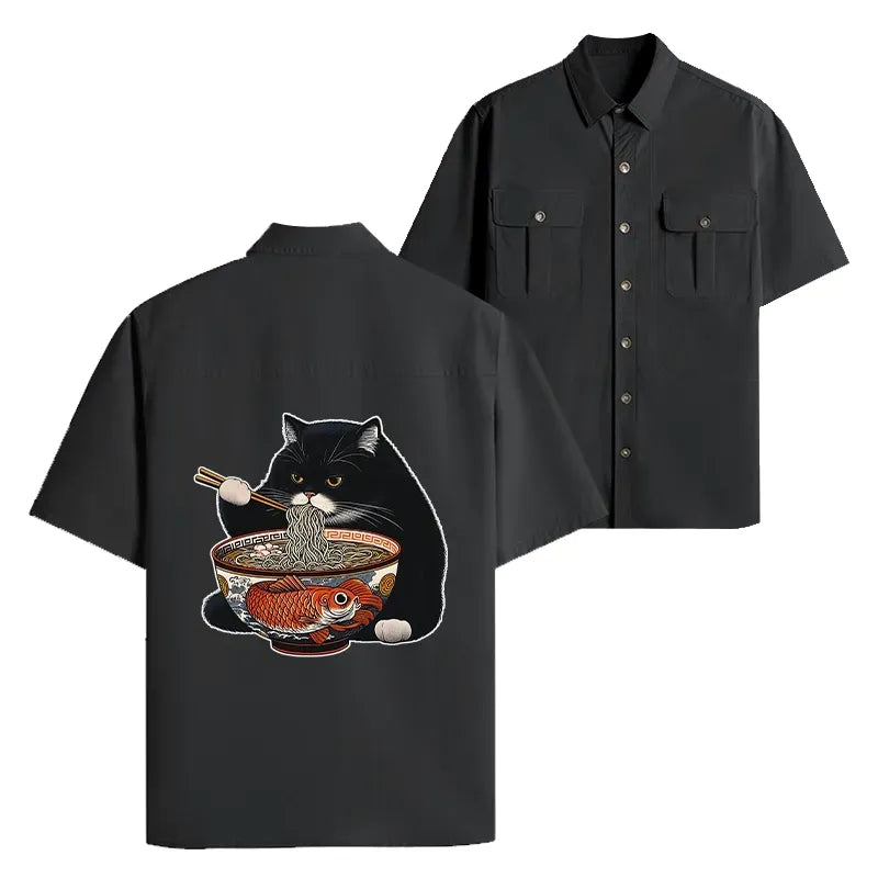 Kyoto-Lion Fat Cat Eating Ramen Work Shirt