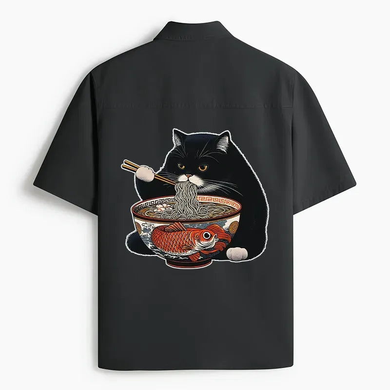 Kyoto-Lion Fat Cat Eating Ramen Work Shirt