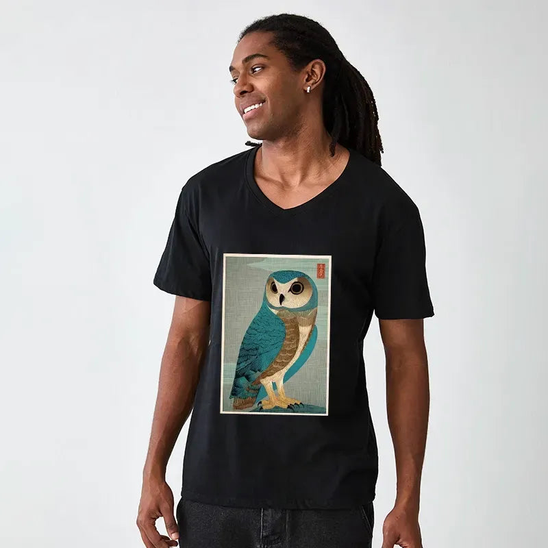 vintage owl woodblock v-neck t-shirt