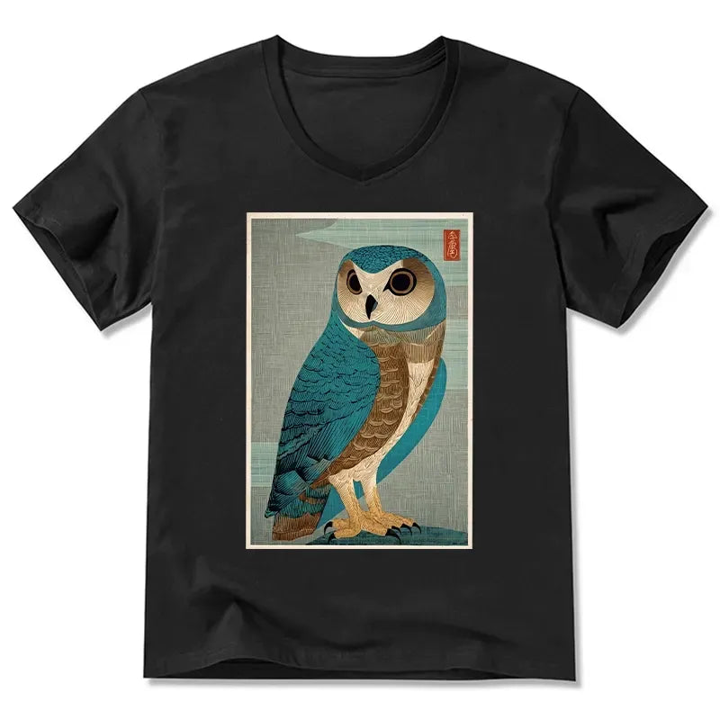 Kyoto-Lion Vintage Owl Woodblock Art V-Neck Classic T-Shirt