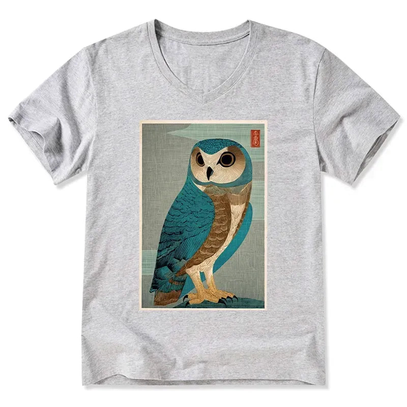 vintage owl woodblock v-neck t-shirt