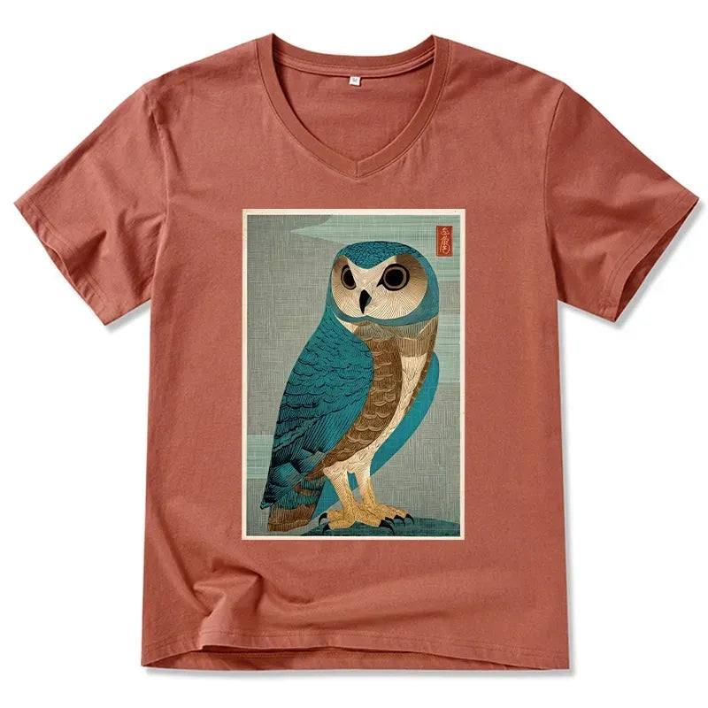 Kyoto-Lion Vintage Owl Woodblock Art V-Neck Classic T-Shirt