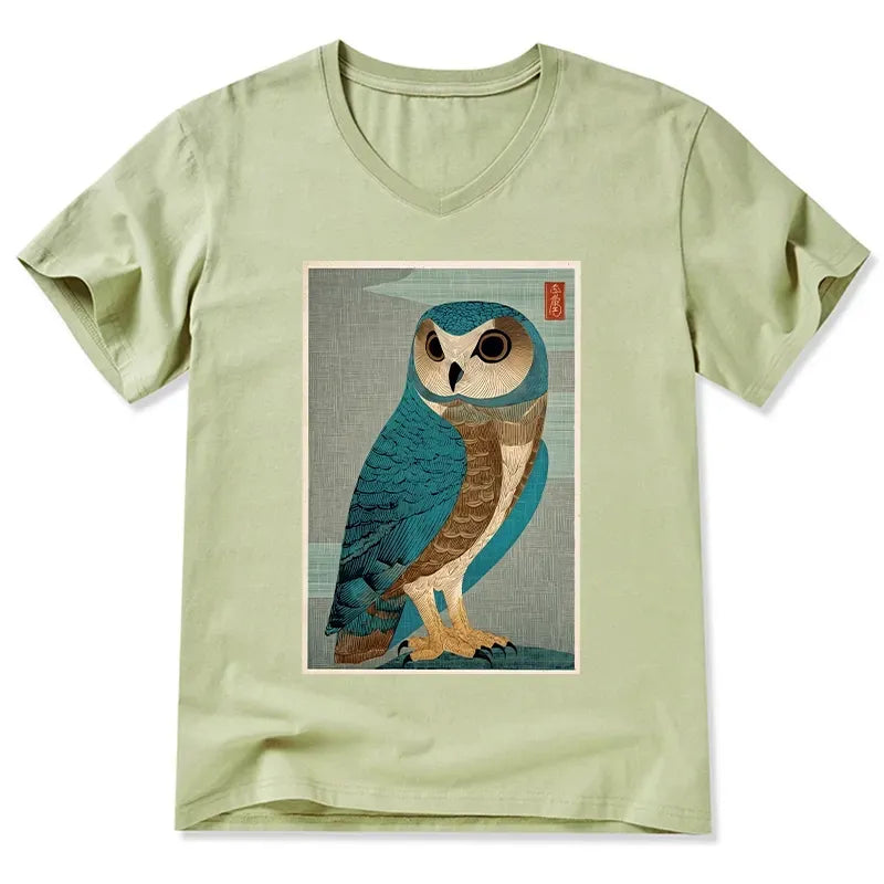 Kyoto-Lion Vintage Owl Woodblock Art V-Neck Classic T-Shirt