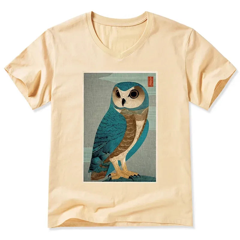 vintage owl woodblock v-neck t-shirt